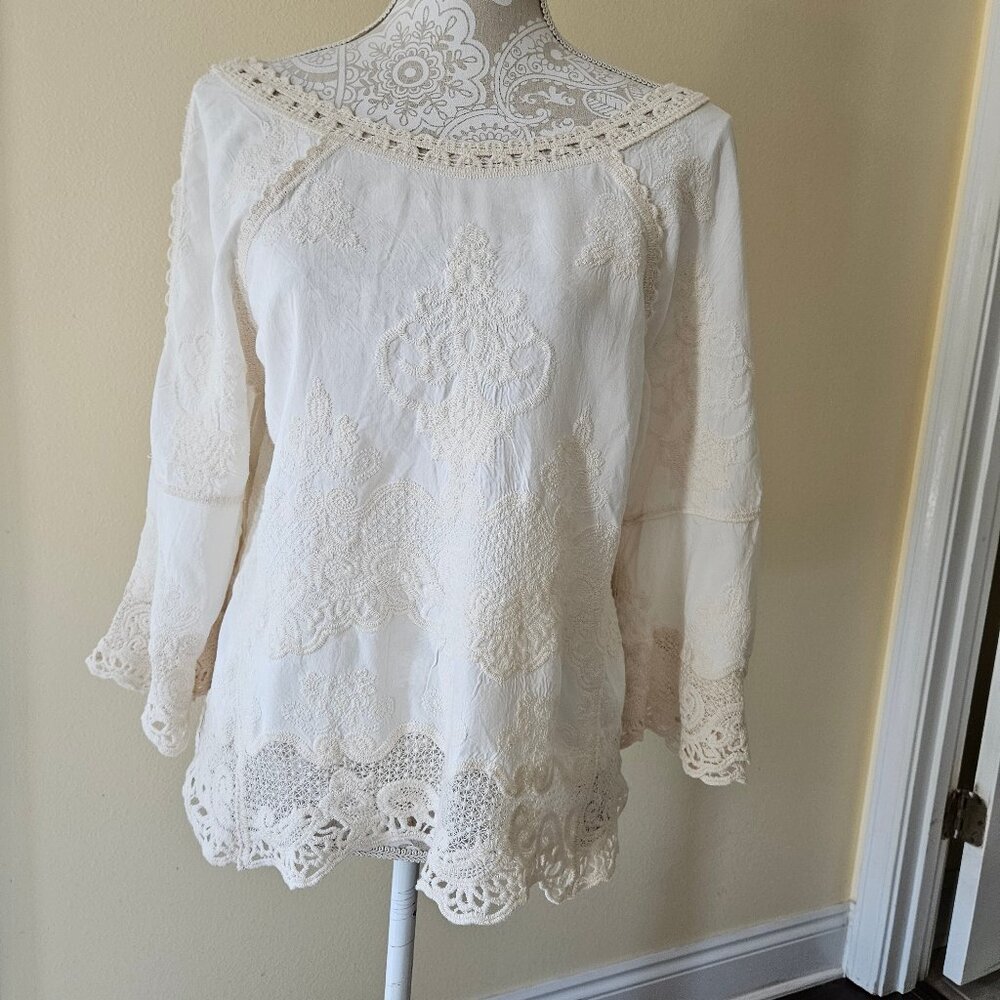 Democracy cream color Embroidered Boho 3/4 Sleeve Shirt Top Blouse Size SM